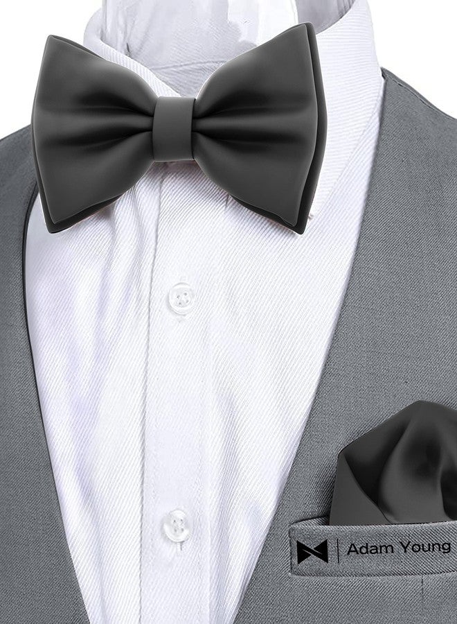 Adam Young Men's Black Bow Tie with Handkerchief Set Pre-Tied Style Formal Satin Classic Bowtie for Tuxedo Faux Silk (Large, Black) - Image 4